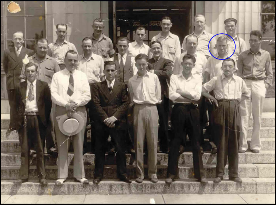 Frank standing on the steps of Morris Post Office after enlisting in the USA army start of WW2