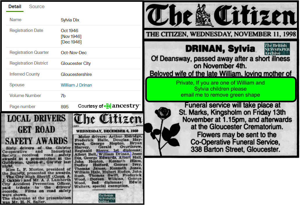 Private, If you are one of William and Sylvia children please email me to remove green shape
