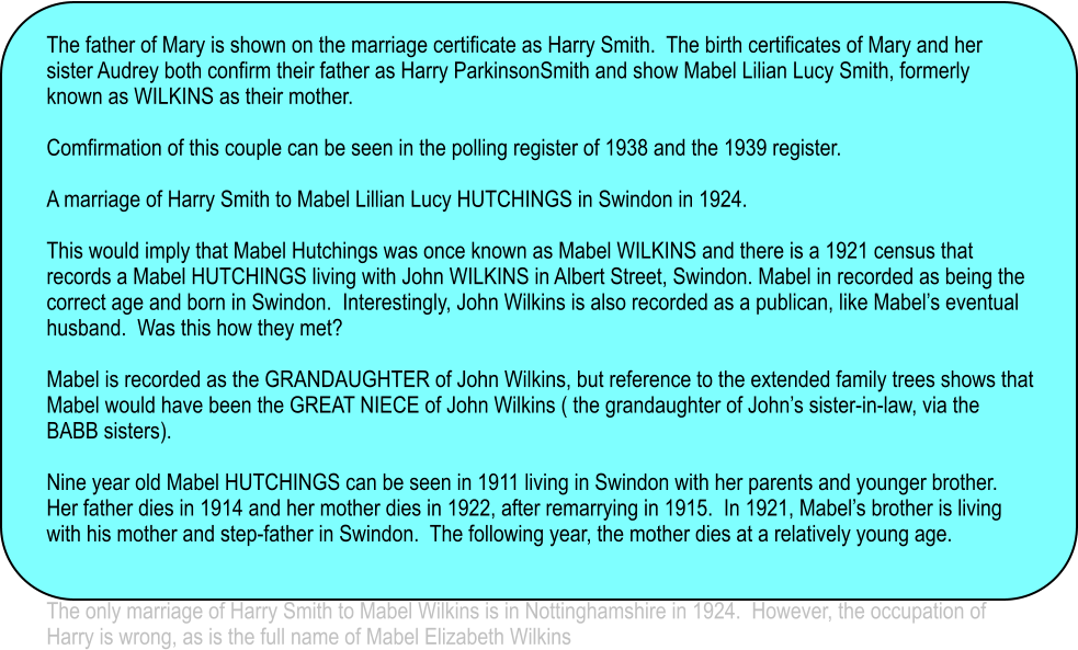 The father of Mary is shown on the marriage certificate as Harry Smith.  The birth certificates of Mary and her sister Audrey both confirm their father as Harry ParkinsonSmith and show Mabel Lilian Lucy Smith, formerly  known as WILKINS as their mother.  Comfirmation of this couple can be seen in the polling register of 1938 and the 1939 register.  A marriage of Harry Smith to Mabel Lillian Lucy HUTCHINGS in Swindon in 1924.    This would imply that Mabel Hutchings was once known as Mabel WILKINS and there is a 1921 census that records a Mabel HUTCHINGS living with John WILKINS in Albert Street, Swindon. Mabel in recorded as being the correct age and born in Swindon.  Interestingly, John Wilkins is also recorded as a publican, like Mabel�s eventual husband.  Was this how they met?  Mabel is recorded as the GRANDAUGHTER of John Wilkins, but reference to the extended family trees shows that Mabel would have been the GREAT NIECE of John Wilkins ( the grandaughter of John�s sister-in-law, via the BABB sisters).  Nine year old Mabel HUTCHINGS can be seen in 1911 living in Swindon with her parents and younger brother.  Her father dies in 1914 and her mother dies in 1922, after remarrying in 1915.  In 1921, Mabel�s brother is living with his mother and step-father in Swindon.  The following year, the mother dies at a relatively young age.   The only marriage of Harry Smith to Mabel Wilkins is in Nottinghamshire in 1924.  However, the occupation of Harry is wrong, as is the full name of Mabel Elizabeth Wilkins