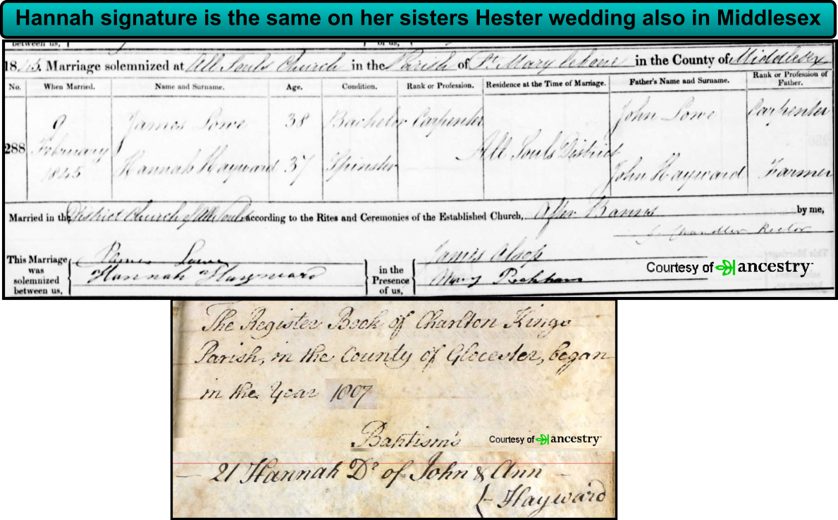 Hannah signature is the same on her sisters Hester wedding also in Middlesex