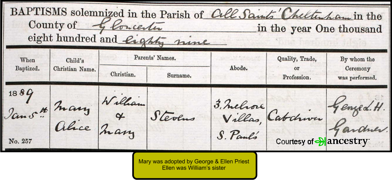 Mary was adopted by George & Ellen Priest Ellen was William�s sister