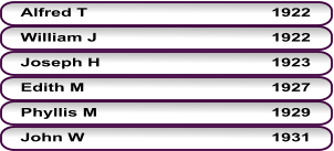 Alfred T                                 	1922 William J                                 	1922 Joseph H                              	1923 Edith M                                 	1927 Phyllis M                                	1929 John W                              	1931