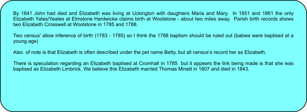 By 1841 John had died and Elizabeth was living at Uckington with daughters Maria and Mary.  In 1851 and 1861 the only Elizabeth Yates/Yeates at Elmstone Hardwicke claims birth at Woolstone - about two miles away.  Parish birth records shows two Elizabeth Crosswell at Woolstone in 1785 and 1788.  Two census' allow inference of birth (1783 - 1785) so I think the 1788 baptism should be ruled out (babies were baptised at a young age)  Also  of note is that Elizabeth is often described under the pet name Betty, but all censuss record her as Elizabeth.  There is speculation regarding an Elizabeth baptised at Cromhall in 1785  but it appears the link being made is that she was baptised as Elizabeth Limbrick. We believe this Elizabeth married Thomas Minett in 1807 and died in 1843.